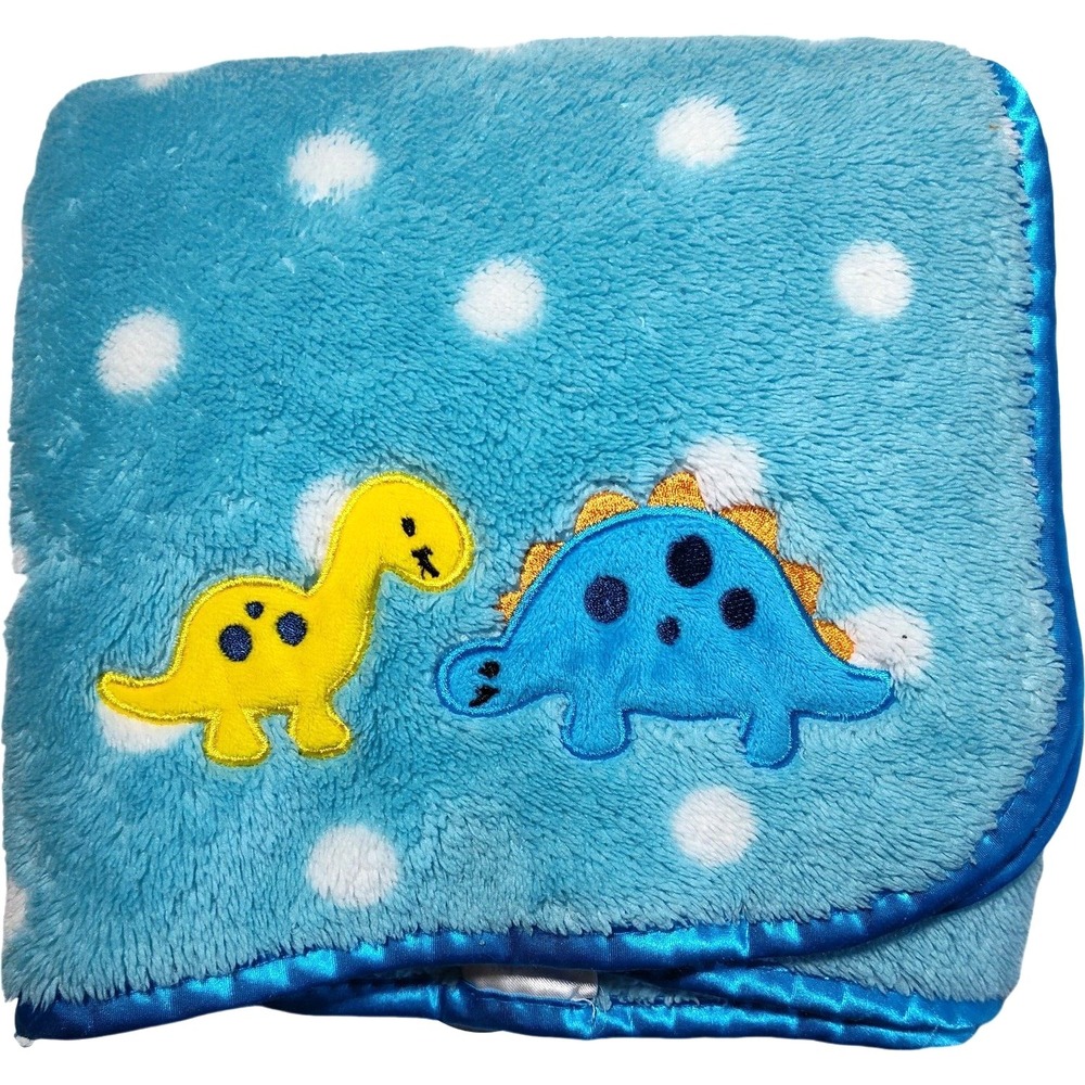 Baby Gear Blue White Polka Dot Dinosaur Blanket Soft Fleece Security Lovey Satin